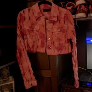 NWOT red & orange cropped denim jacket